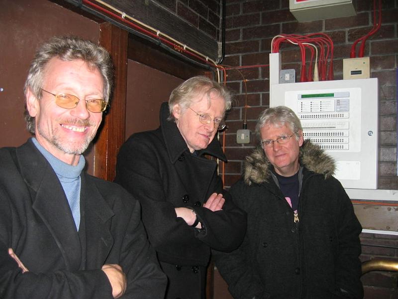 Tom (sound), WW and JL.jpg - Tom (sound engineer), Woolly and John, The Bloomsbury Theatre, London, 27th November, 2004.