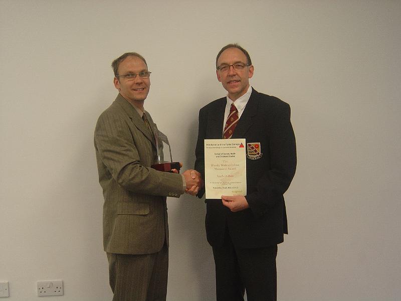 awards et al 010.JPG - Norbert Mate, recipient of the first annual Woolly Wolstenholme Memorial Ward, given for commitment to excellence, with personal tutor and organiser of the award, Peter Brooks.